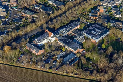 Aerial view of the retirement and nursing home St. Anna with solar panels in the Kirchhellener