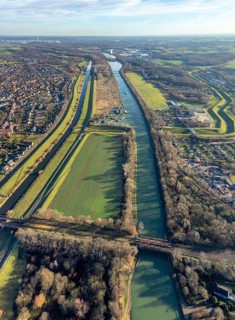 Aerial view Wesel-Datteln Canal with river Lippe and Lippe floodplain in Dorsten in the Ruhr area