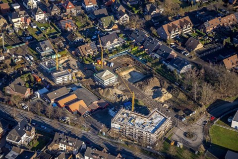 Aerial view of the former Rexforth garden centre with a construction site and new development area