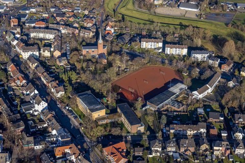 Aerial view of St John's Church in Beethovenstraße and St John's Catholic Kindergarten and