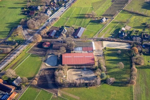 Aerial view of the horse boarding stable Schult in the Nierleistraße in Dorsten in the Ruhr area in