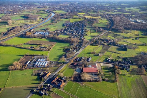 Aerial view of the horse boarding stable Schult in the Nierleistraße in Dorsten in the Ruhr area in