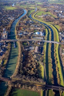 Aerial view Wesel-Datteln-Kanal with river Lippe and Lippeaue and Gymnasium Petrinum and leisure