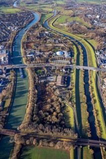 Aerial view Wesel-Datteln-Kanal with river Lippe and Lippeaue and Gymnasium Petrinum and leisure