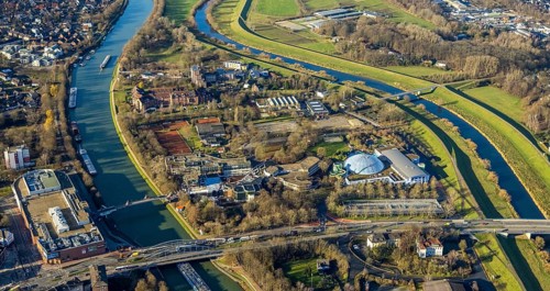 Aerial view Wesel-Datteln-Canal with river Lippe and Lippe floodplain and Gymnasium Petrinum and