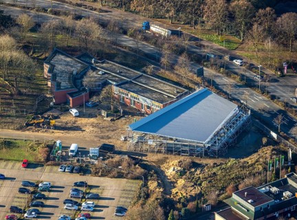 Aerial view of a construction site and new construction of a skate park in Dorsten in the Ruhr area