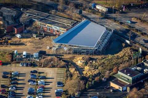 Aerial view of a construction site and new construction of a skate park in Dorsten in the Ruhr area