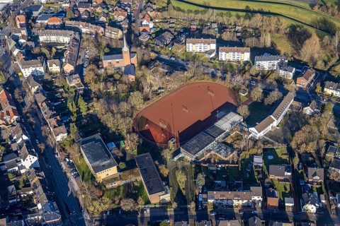 Aerial view of St John's Church in Beethovenstraße and St John's Catholic Kindergarten and