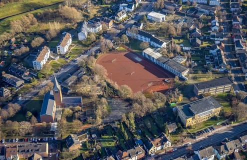 Aerial view of St John's Church in Beethovenstraße and St John's Catholic Kindergarten and