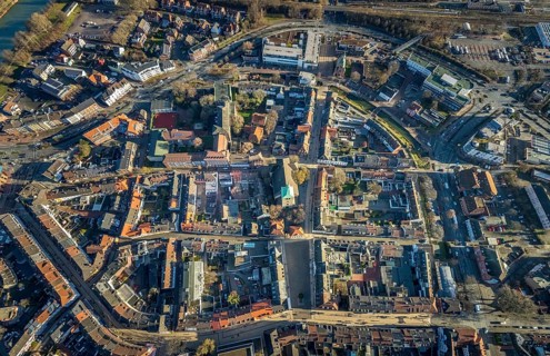 Aerial view of the old town with Grabenstraße and Wallstraße and the catholic church St. Agatha in