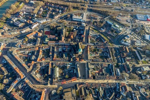 Aerial view of the old town with Grabenstraße and Wallstraße and the catholic church St. Agatha in