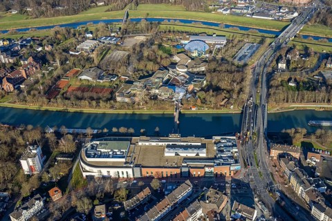Aerial view of the shopping centre Mercaden Dorsten at the Westwall and Gymnasium Petrinum and