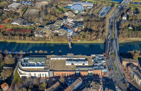 Aerial view of the shopping centre Mercaden Dorsten at the Westwall and Gymnasium Petrinum and