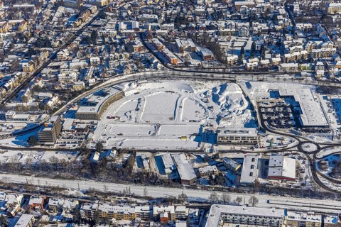 Aerial view, Hombrucher Bogen, construction site for commercial areas and apartment buildings,