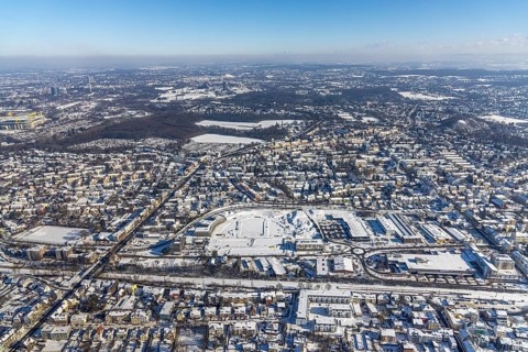 Aerial view, Hombrucher Bogen, construction site for commercial areas and apartment buildings,