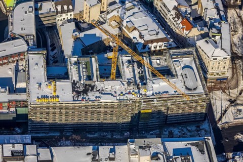 Aerial view, construction site Kampstraße, new student residence BaseCamp, new building on the