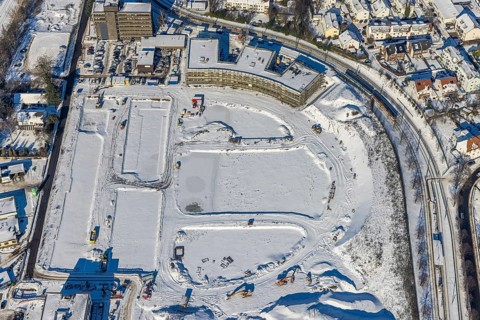 Aerial view, Hombrucher Bogen, construction site for commercial areas and apartment buildings,