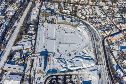 Aerial view, Hombrucher Bogen, construction site for commercial areas and apartment buildings,