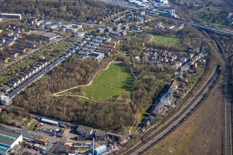 Aerial view, the Tremoniapark a large playground and sunbathing lawn, spring weather on Dortmund's