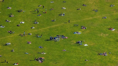 Aerial view, the Tremoniapark a large playground and sunbathing lawn, spring weather on Dortmund's