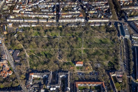 Aerial view, lawns in Westpark, spring weather on Dortmund's lawns, Dortmund, Ruhr area, North