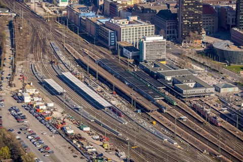 Aerial view, construction site with reconstruction and new construction of platforms at Dortmund
