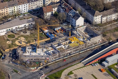 Aerial view, construction site at Sunderweg corner Speestraße for the new Lessing primary school,
