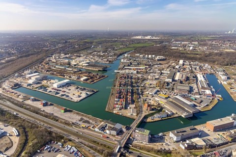Aerial view, overview harbour Dortmund, old harbour office, container terminal, harbour, Dortmund,