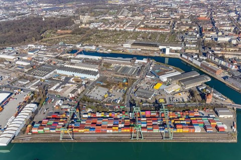 Aerial view, Port of Dortmund, Old Port Authority, Container Terminal, harbour, Dortmund, Ruhr