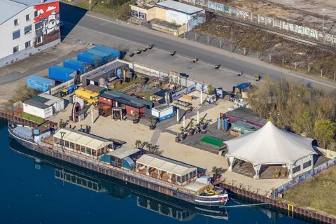 Aerial view, harbour Dortmund, ship and gastronomy Walter, harbour, Dortmund, Ruhr area, North