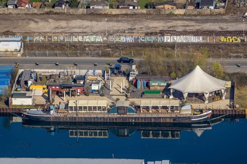 Aerial view, harbour Dortmund, ship and gastronomy Walter, harbour, Dortmund, Ruhr area, North