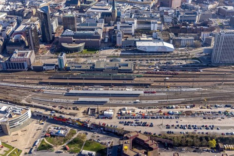 Aerial view, construction site with reconstruction and new construction of platforms at Dortmund