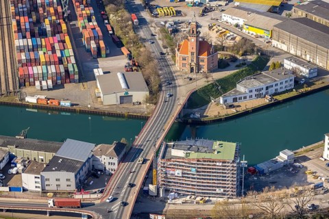 Aerial view, Port of Dortmund, Old Port Authority, construction site Speicherstraße at