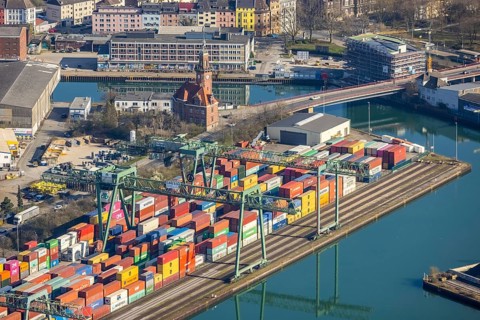 Aerial view, Port of Dortmund, Old Port Authority, Container Terminal, harbour, Dortmund, Ruhr