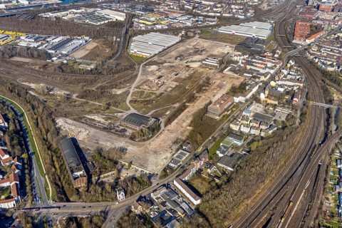 Aerial view, industrial estate of Union Gewerbehof GmbH Rheinische Straße, ZukunftsCampus, Union