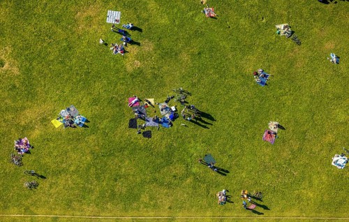 Aerial view, the Tremoniapark a large playground and sunbathing lawn, spring weather on Dortmund's