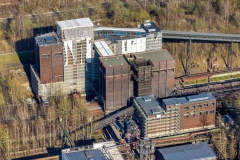 Aerial view, industrial monument Hansa coking plant, construction work on salt factory, screening