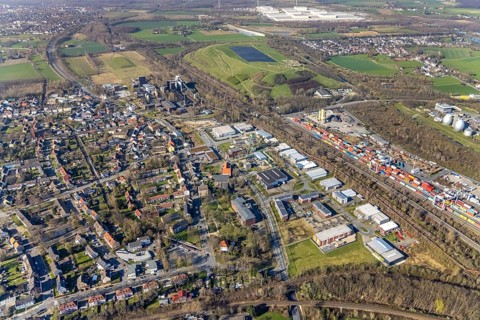 Aerial view, industrial monument Hansa coking plant, construction work on salt factory, screening