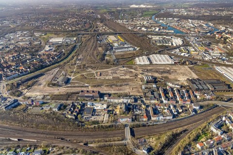 Aerial view, industrial estate of Union Gewerbehof GmbH Rheinische Straße, ZukunftsCampus, Union