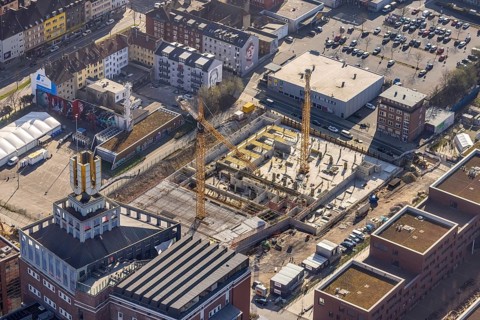 Aerial view, construction site, residential complex at the Dortmunder U-Tower, Dortmunder U with