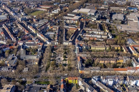 Aerial view, Nordmarkt, petanque court, boules court on the Nordmarkt, Nordmarkt primary school,