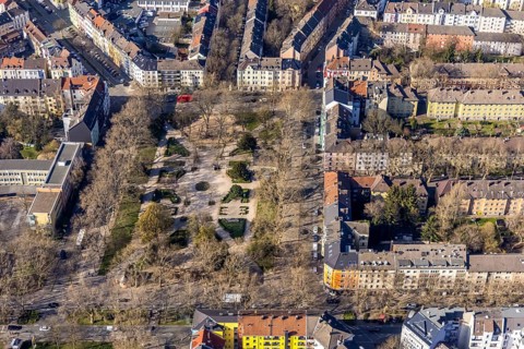 Aerial view, Nordmarkt, petanque court, boules court on the Nordmarkt, Nordmarkt primary school,