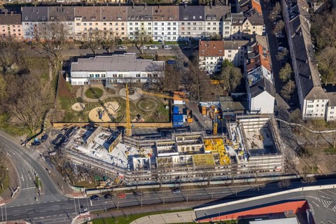 Aerial view, construction site at Sunderweg corner Speestraße for the new Lessing primary school,