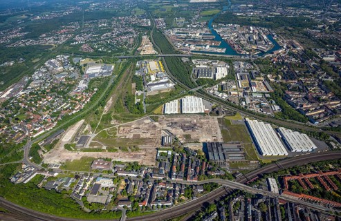 Aerial view, coal harbour of the inland port Dortmunder Hafen AG in Dortmund in the federal state