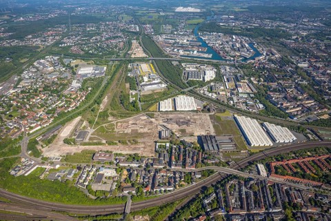Aerial view, industrial estate of Union Gewerbehof GmbH, Rheinische Straße, ZukunftsCampus,