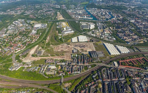 Aerial view, industrial estate of Union Gewerbehof GmbH, Rheinische Straße, ZukunftsCampus,