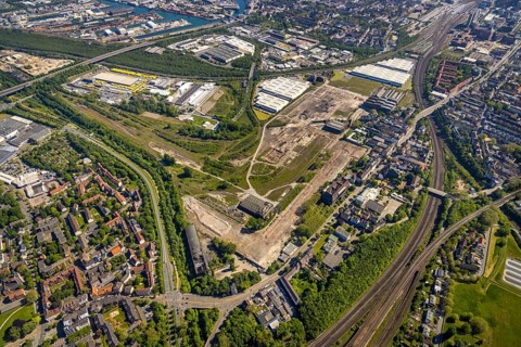 Aerial view, industrial estate of Union Gewerbehof GmbH, Rheinische Straße, ZukunftsCampus,