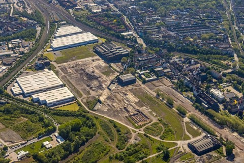 Aerial view, industrial estate of Union Gewerbehof GmbH, Rheinische Straße, ZukunftsCampus,