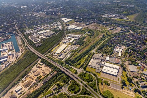 Aerial view, industrial estate of Union Gewerbehof GmbH, Rheinische Straße, ZukunftsCampus,