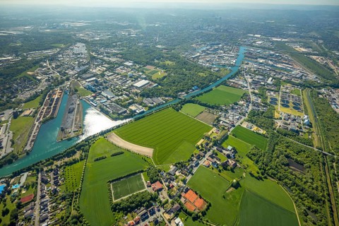 Aerial view, Lindhorster Hafen, coal harbour of the inland port Dortmunder Hafen AG in Dortmund in